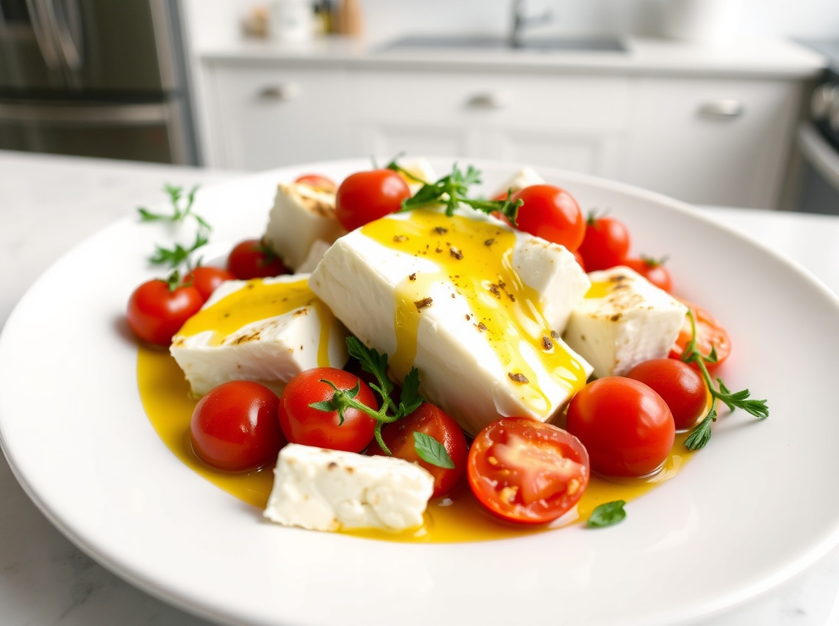 Leckere Feta mit frisch gegrillten Tomaten, zubereitet im Airfryer für einen köstlichen Genuss.