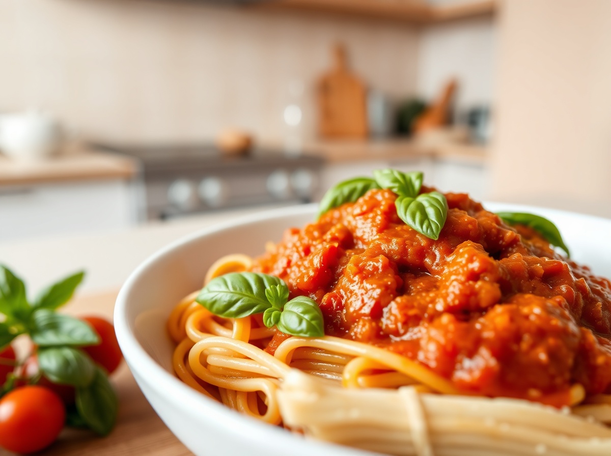 Leckere Pasta in einer aromatischen Tomatensauce, die im Airfryer zubereitet wurde.