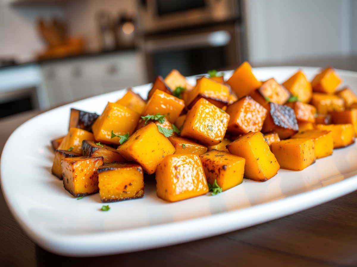 Leckere Butternut-Kürbisstücke, perfekt zubereitet im Airfryer.