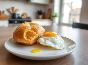 Leckeres Frühstücksei mit frischen Brötchen, optimal bis zur Perfektion im Airfryer zubereitet.