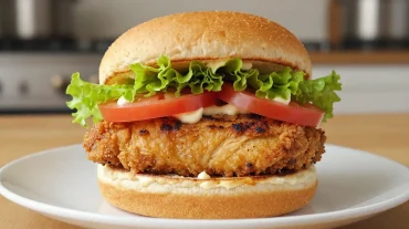 Saftiger Chicken Burger aus der Heißluftfritteuse mit knuspriger Kruste und frischem Gemüse.