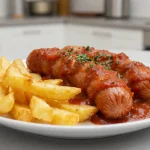 Leckere Currywurst mit knusprigen Pommes aus der Heißluftfritteuse, perfekt für ein schnelles Abendessen.