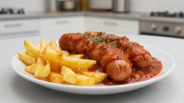 Leckere Currywurst mit knusprigen Pommes aus der Heißluftfritteuse, perfekt für ein schnelles Abendessen.