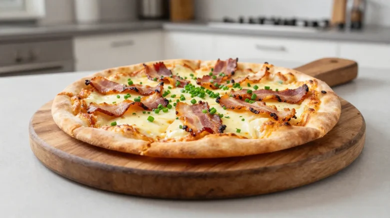Leckere Flammkuchen-Pizza aus der Heißluftfritteuse mit frischen Zutaten.