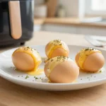 Delikate gebackene Eier aus der Heißluftfritteuse mit perfekt garer Konsistenz.