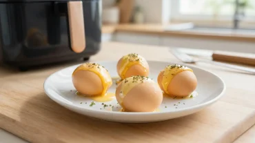 Delikate gebackene Eier aus der Heißluftfritteuse mit perfekt garer Konsistenz.