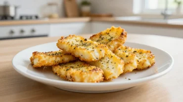 Köstlicher Halloumi aus der Heißluftfritteuse, golden gebraten und perfekt knusprig.