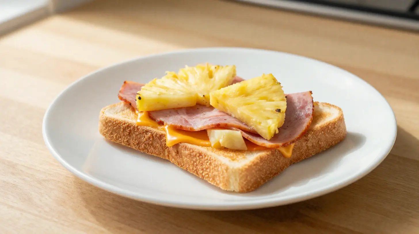 Leckeres Toast Hawaii aus der Heißluftfritteuse mit saftigem Schinken und geschmolzenem Käse.